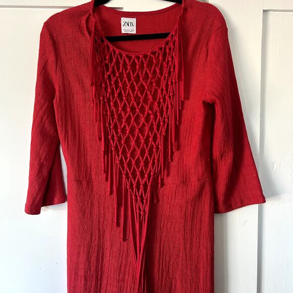 Zara women's red knotted crochet neck maxi dress braided macrame bodice - Picture 5 of 7